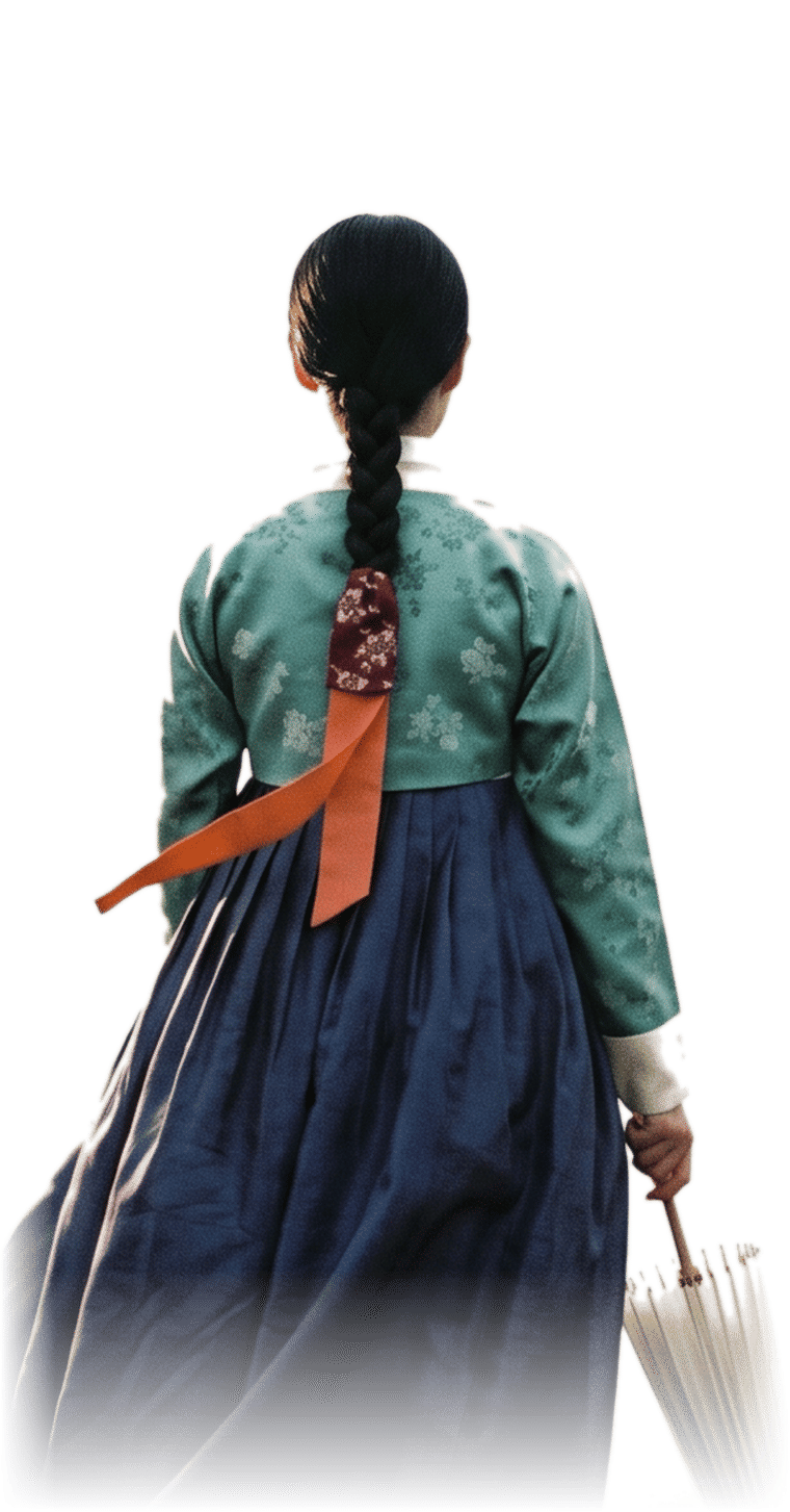 A woman in hanbok looking out over the valley